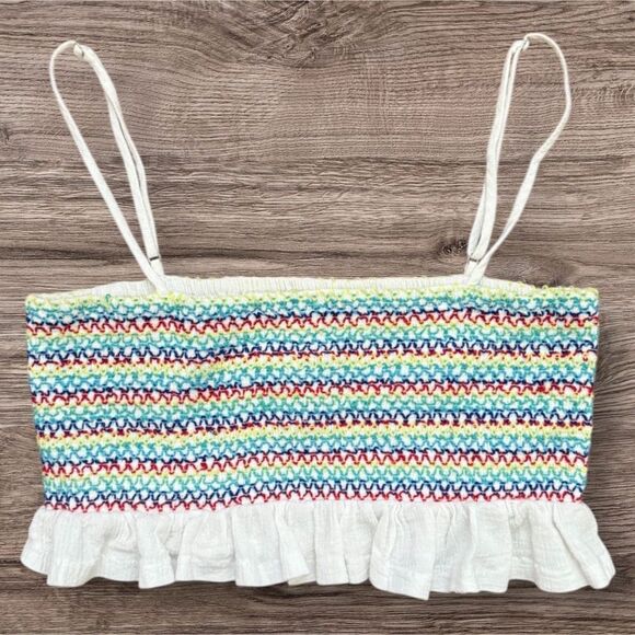 Forever 21 Smocked Crop Top Colorful Ruffle Adjustable Spaghetti Straps Medium - Picture 2 of 4